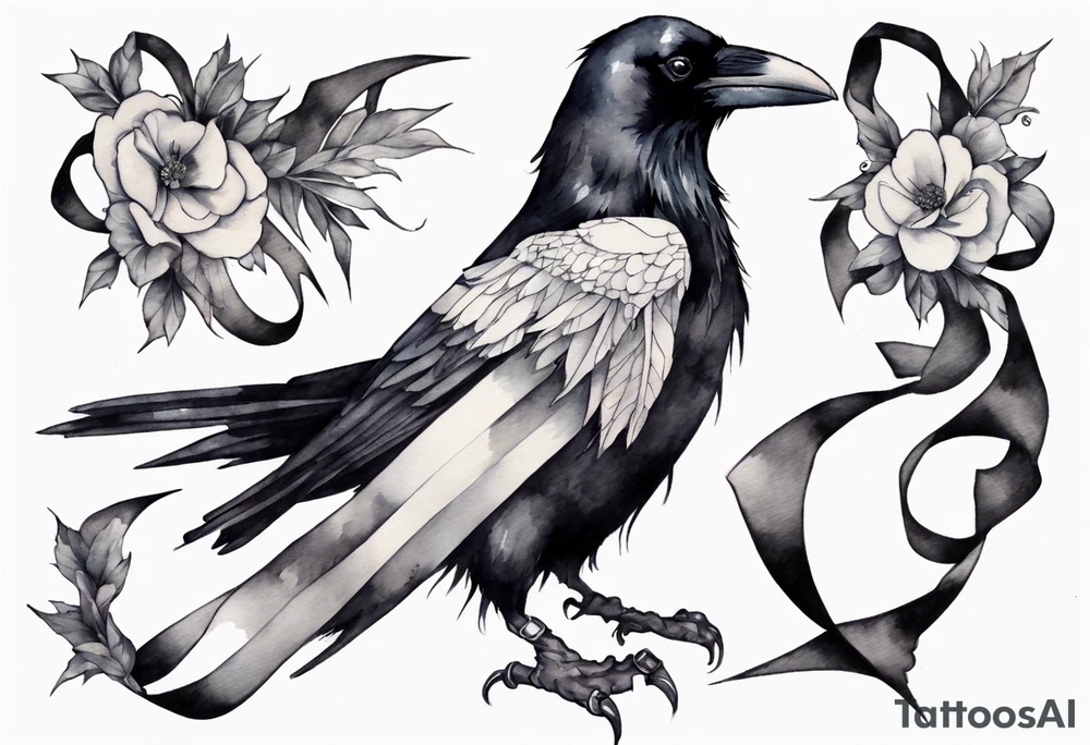 raven wearing a white ribbon around left leg tattoo idea