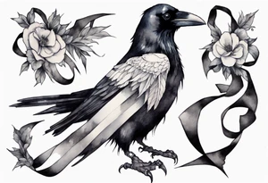 raven wearing a white ribbon around left leg tattoo idea