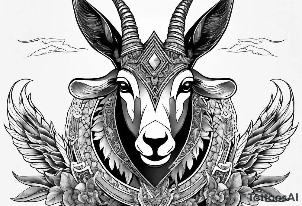 Shoulder/chest tattoo that is Half Goat, Half Kangaroo and has a Yemeni Dagger tattoo idea