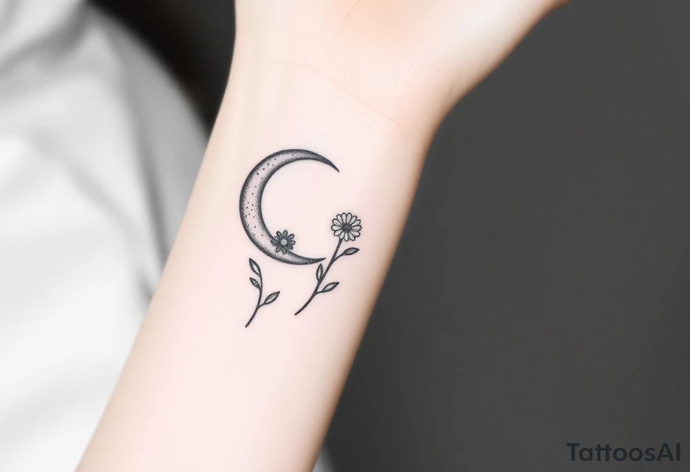 Small black and white tattoo waxing crescent moon with small Daisy birth flower and tiny leo gliph tattoo idea