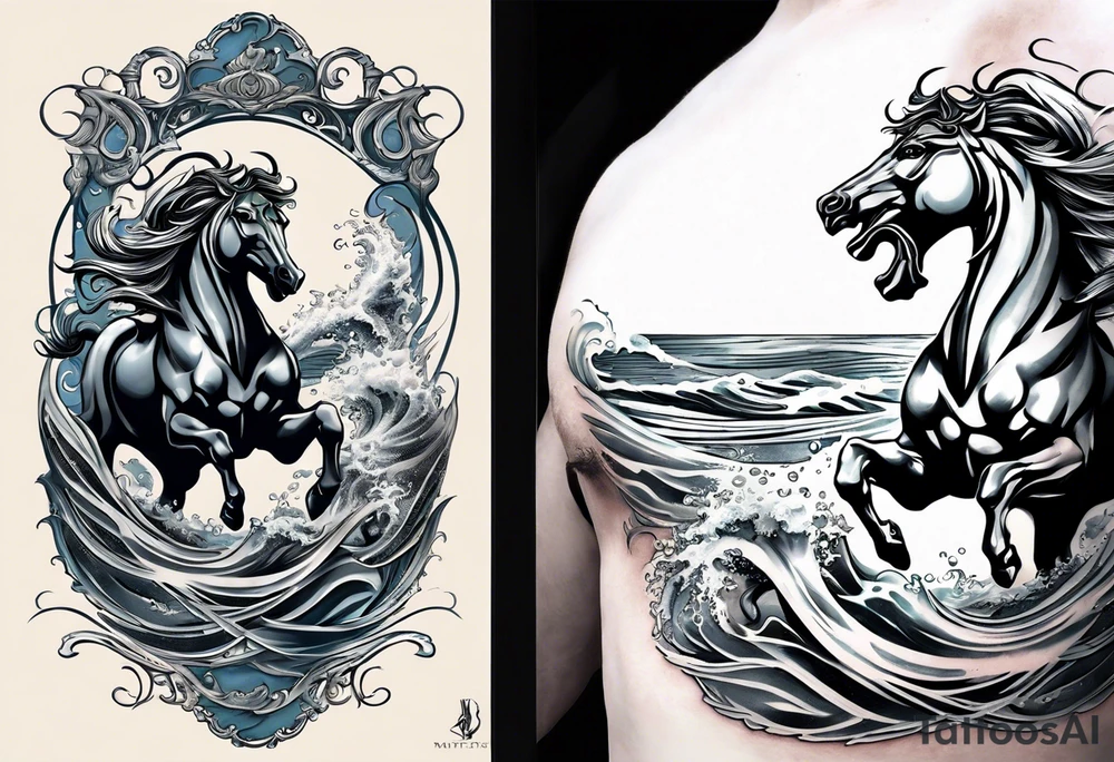 Poseidon (Left Upper Arm):

Poseidon riding a chariot pulled by sea horses, with waves crashing around them.
Poseidon wielding his trident with a powerful stance, commanding the sea.
Dolphins and fish swimming through the waves, along with swirling patterns to represent the movement of water. tattoo idea