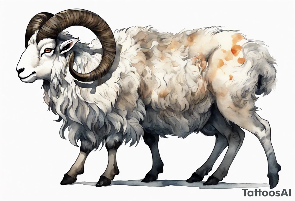 a large man wearing a grey tunic with the head of a big horned sheep and hooves for feet tattoo idea