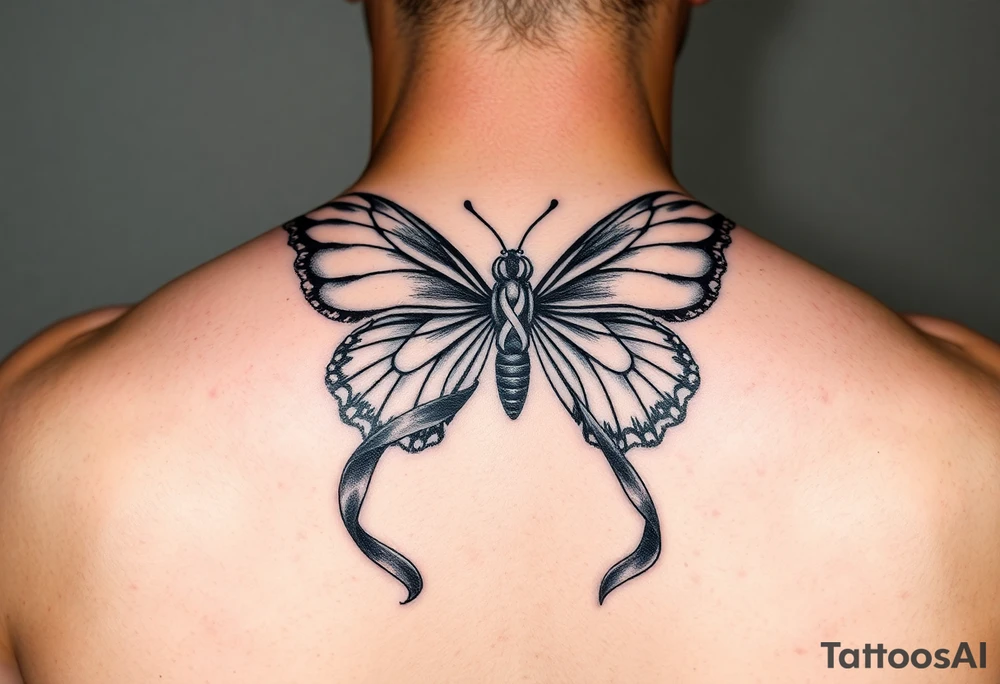 ethereal butterfly with flowing silk HIV-positive symbol ribbons in moonlight tattoo idea