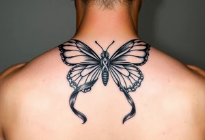 ethereal butterfly with flowing silk HIV-positive symbol ribbons in moonlight tattoo idea