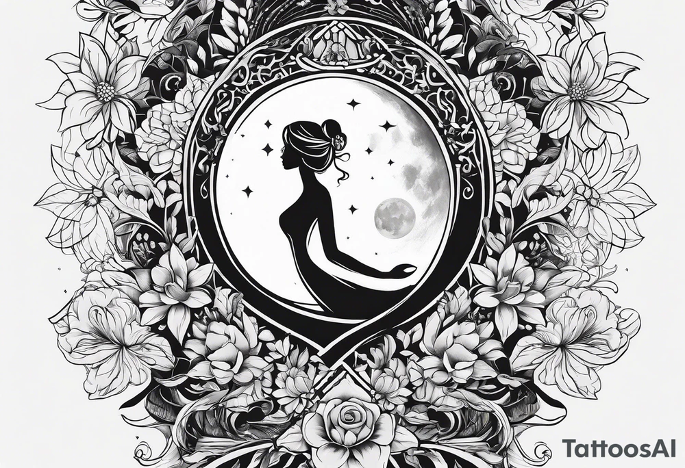 Tattoo on Woman’s Spine fine line, flower, moon, balance, eternity, perfection, love, patience, rising out of suffering tattoo idea