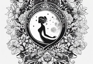 Tattoo on Woman’s Spine fine line, flower, moon, balance, eternity, perfection, love, patience, rising out of suffering tattoo idea