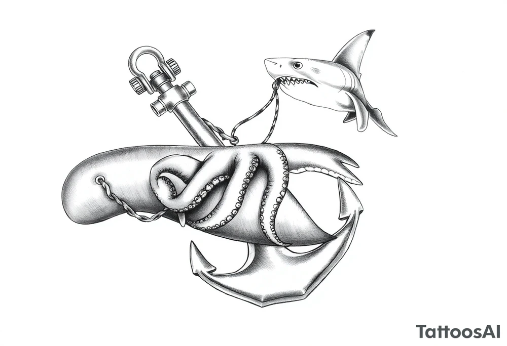 anchor with a pair of lung ingraved on it with an octopus who is holding the anchor and pulling doward on my forearm then on my upper arm and shoulder a hammerhead shark who is tied to the anchor and  pulling up on it tattoo idea