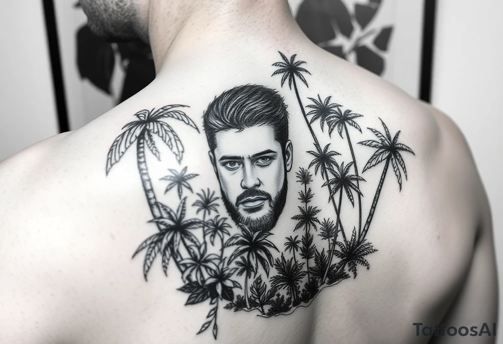 သား Inside of a photo the subject of the photo surrounded by a tropical forest tattoo idea