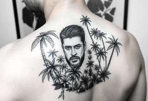 သား Inside of a photo the subject of the photo surrounded by a tropical forest tattoo idea
