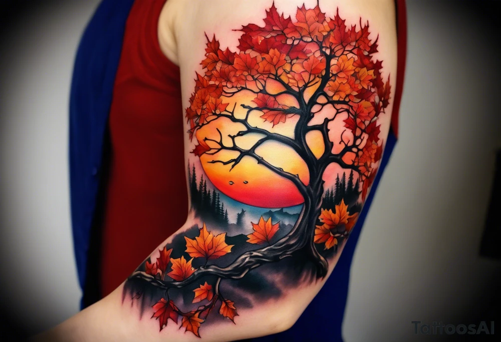 Arm tattoo. Long tattoo. Full sleeve. Shoulder. A single large maple tree with red autumn leaves that branches upwards from wrist to shoulder. White-throated dipper bird on the trees branches. Calluna flowers at the base of the trees stem. Tree stem has dark colors. Red/yellow sunset behind the trees stem. Leaves falling. tattoo idea