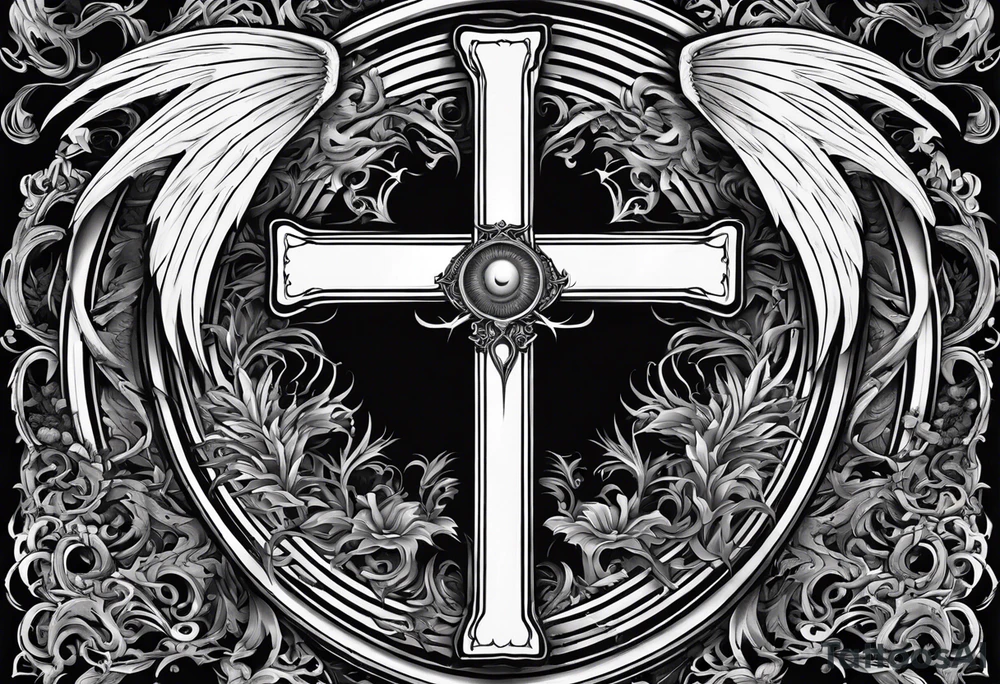 A Christian cross with sharp lower end imbedded into the ground that has roots growing from it. The cross is in the middle of two huge dragon wings. In the middle of the cross is an eye ball tattoo idea