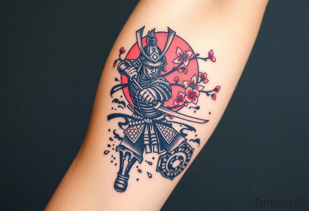 Half sleeve of a Samurai in fighting position with a cherry blossoms and a pagola in the background tattoo idea