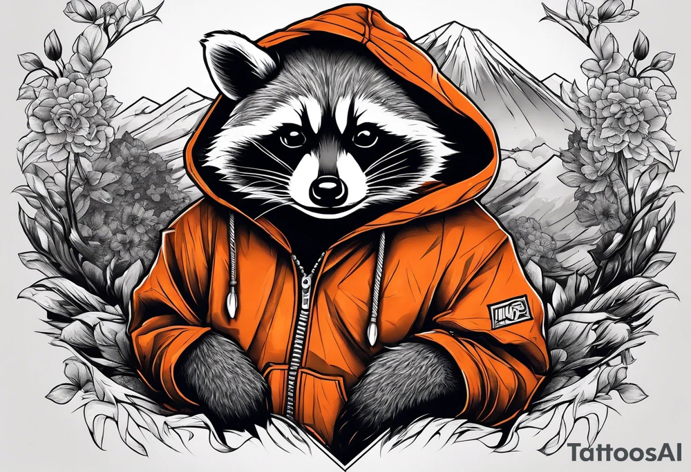 Raccoon wearing an orange Superman hoodie tattoo idea