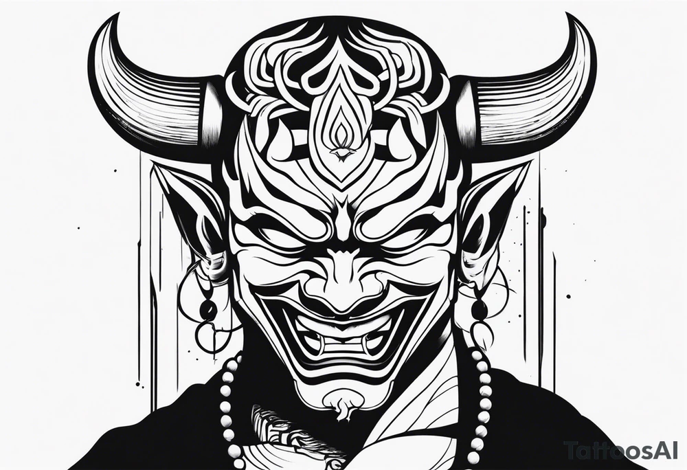 A cabeça de um homem com a cabeça raspada usando uma máscara de hannya tattoo idea