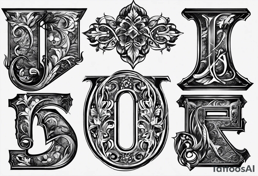 I want to design a tattoo that has the letters A, J, D, E mixed together like a design in harmony with old chaligraphy. I don't want additional images but just the letters tattoo idea