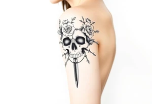 ornate skull adorned with crown of wild roses and thorns with scissors comb hairdryer clippers tattoo idea