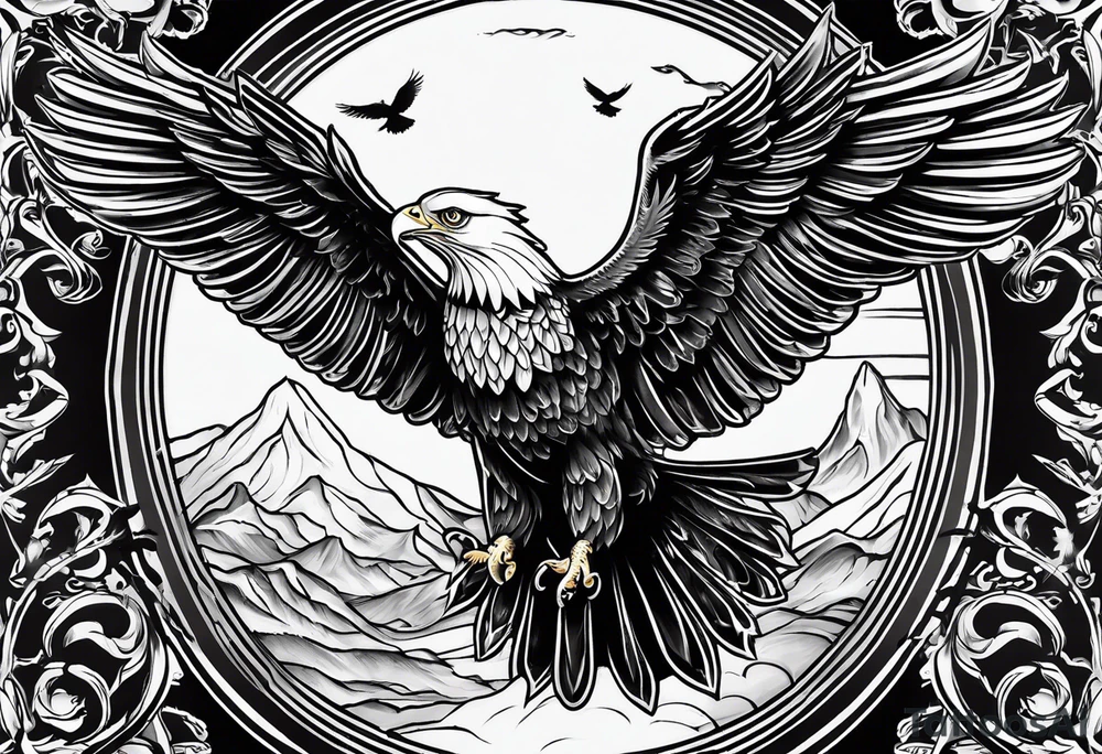 idea of pain for glory in life, discipline and catholic religion. Tattoo on the back with an eagle , 2 pigeon and fish tattoo idea