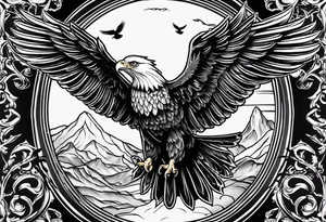idea of pain for glory in life, discipline and catholic religion. Tattoo on the back with an eagle , 2 pigeon and fish tattoo idea