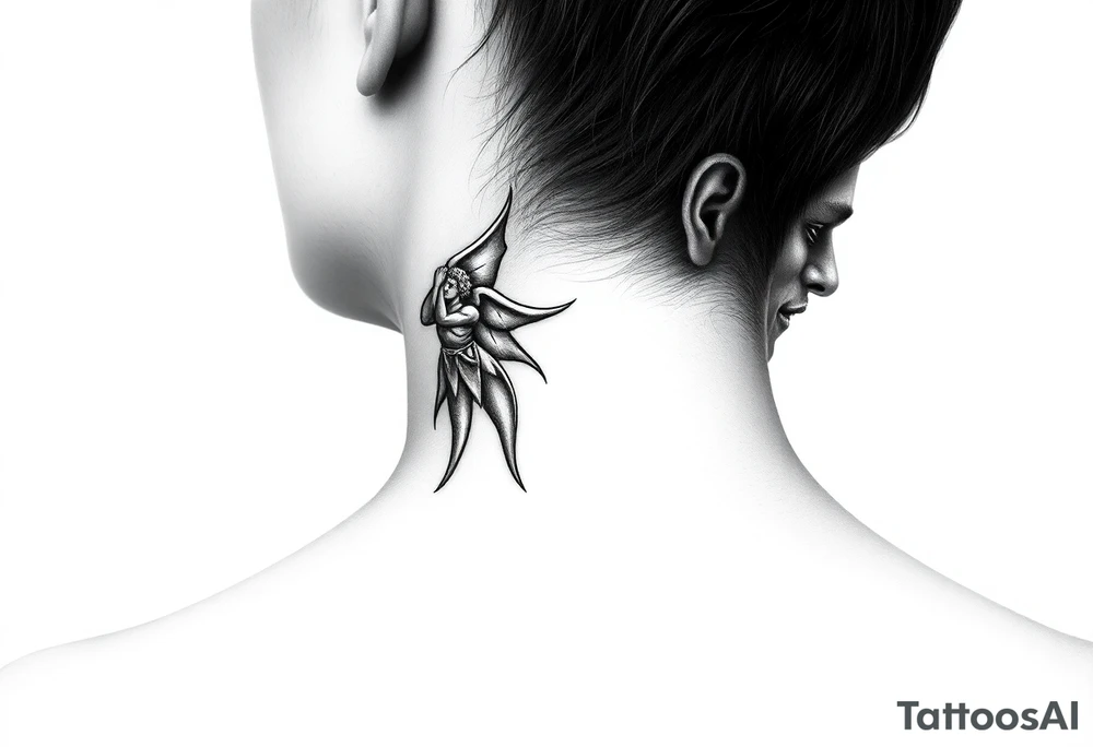 position behind the neck Angel (on the right) whispering in the right ear, demon (on the left) whispering in the left ear. It must be as realistic as possible. tattoo idea