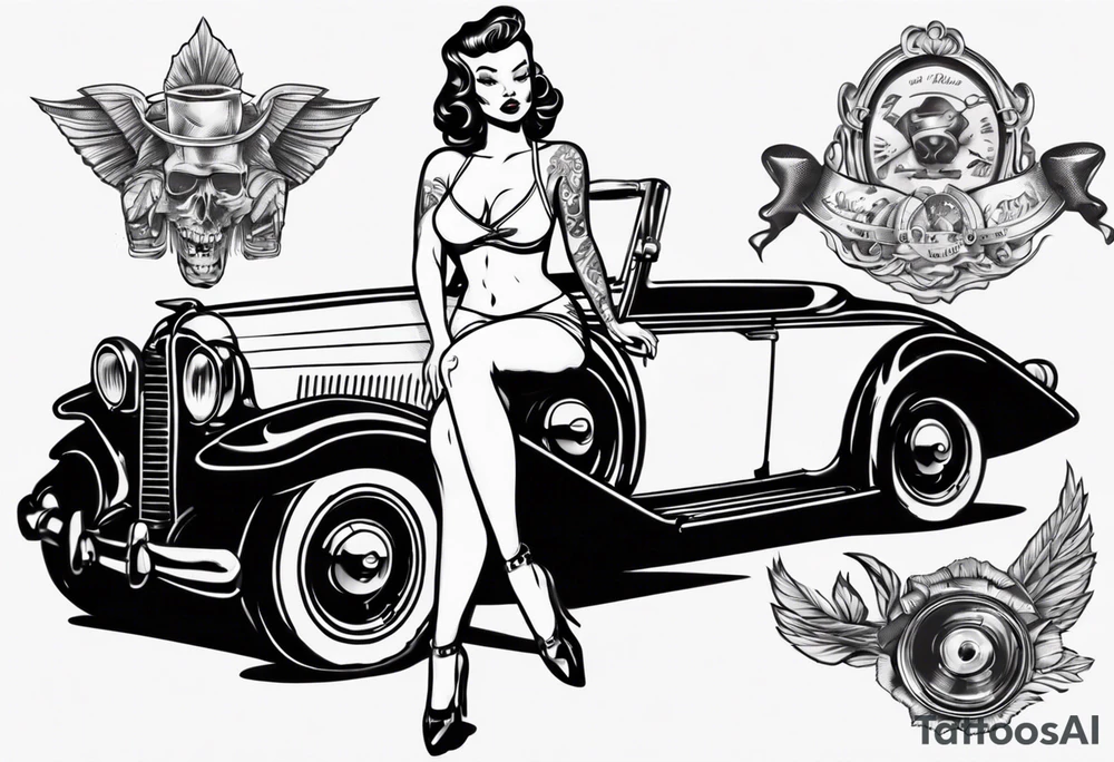 Pinup doll sitting on the hood of an old vintage car tattoo idea