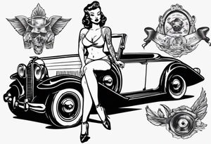 Pinup doll sitting on the hood of an old vintage car tattoo idea