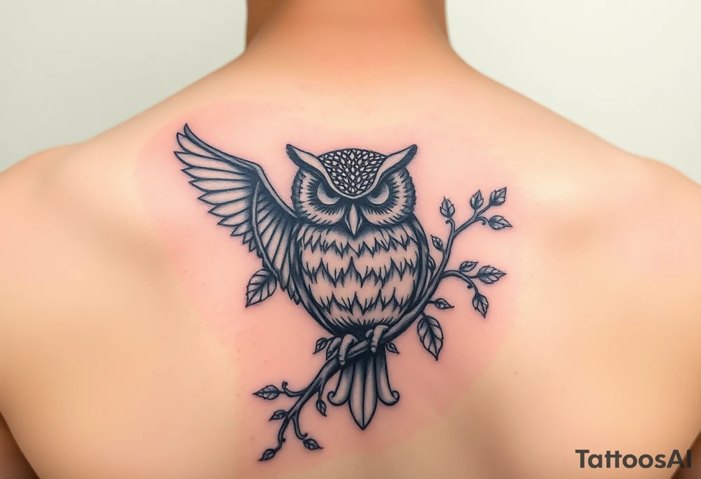 Upper arm tattoo of owl vine crawling upward and wrapping owl 333 incorporated with the owl and vine vine wrapping around the owl covering it tattoo idea