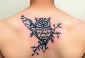 Upper arm tattoo of owl vine crawling upward and wrapping owl 333 incorporated with the owl and vine vine wrapping around the owl covering it tattoo idea