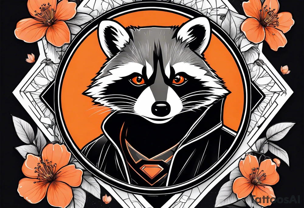 Raccoon wearing a white Superman logo on a black hoodie and orange Japanese cherry blossoms beside tattoo idea