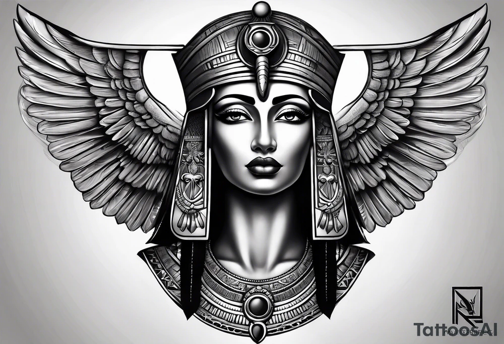 black and gray photo realistic goddess isis with minimal detail tattoo idea