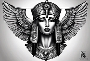 black and gray photo realistic goddess isis with minimal detail tattoo idea