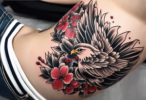 traditional horimono tattoo. 
leg sleeve with the following elements: hawk and cherry blossoms tattoo idea