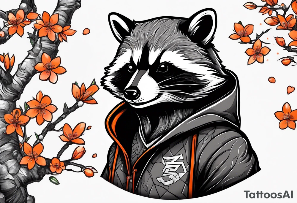 Raccoon wearing a white Superman logo on a black hoodie and orange Japanese cherry blossoms beside tattoo idea