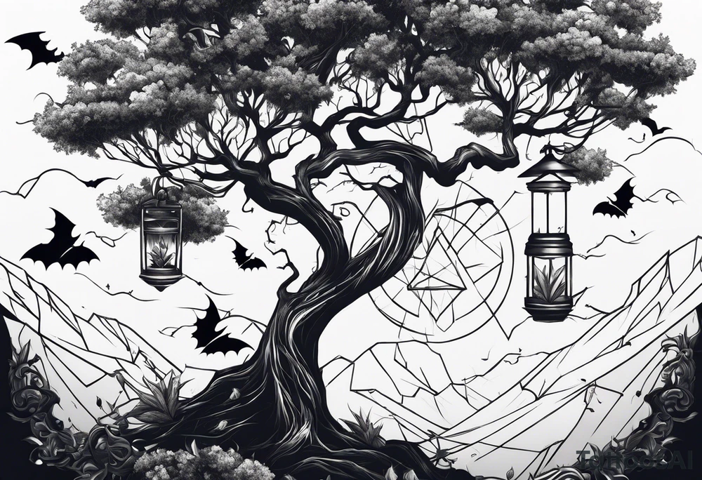 poison tree with wind and bats tattoo idea