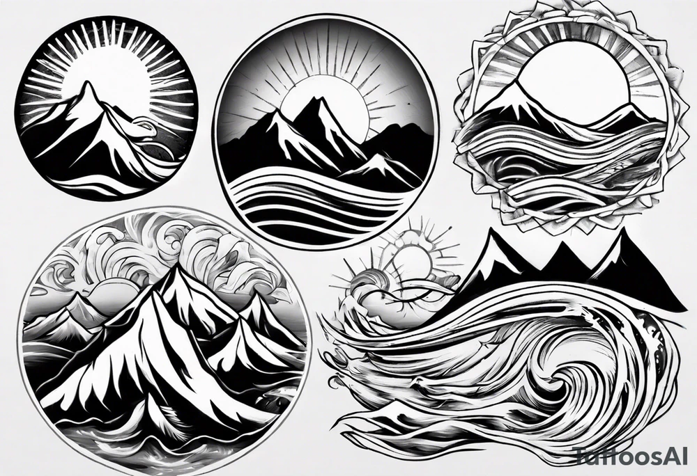sleeve, mountains, waves, sun tattoo idea