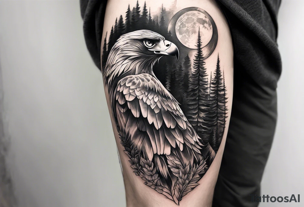 Black and grey leg tattoo of a Hawk beside a wolf in nature tattoo idea
