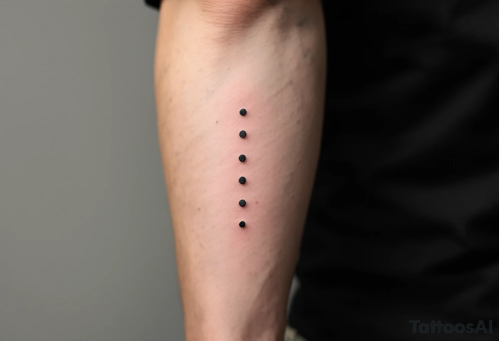 "Three" soft gray dots vertically aligned along the spine, symbolizing past, present, and future. tattoo idea