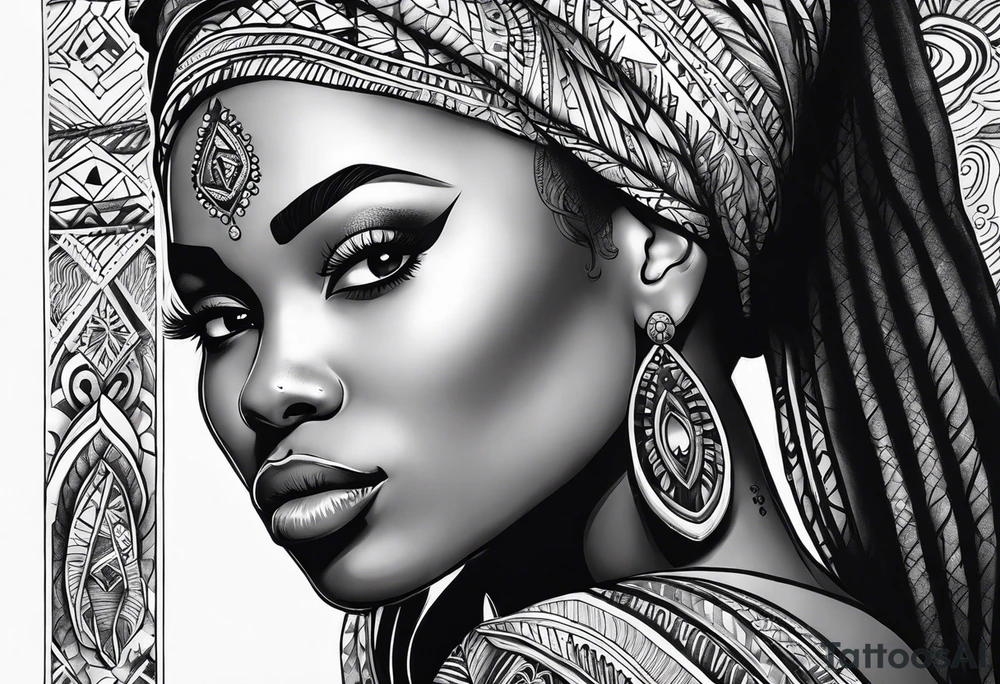 african, women face, arm sleeve tattoo idea