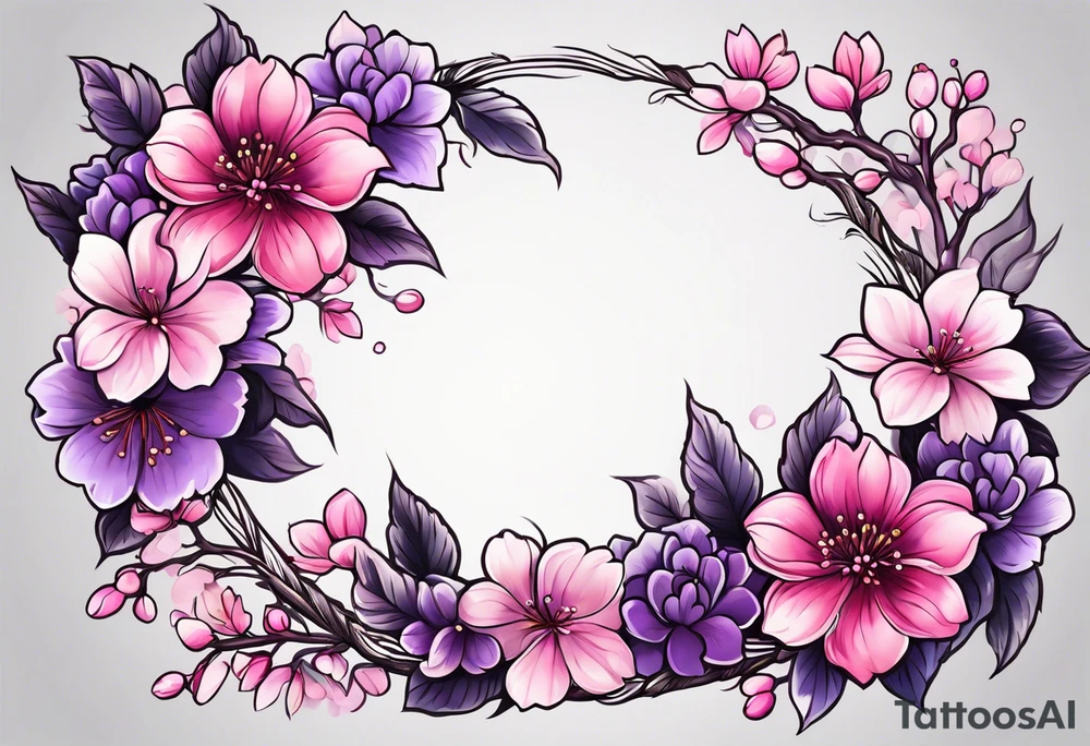 Flower wreath cherry blossoms pinks and purples tattoo idea