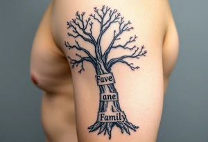A black and gray realistic tree with engraved word family on the trunk, highlighting deep-rooted family connections tattoo idea