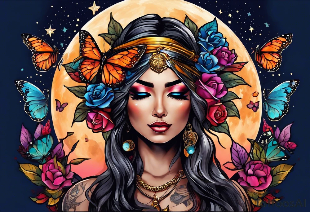 Beautiful woman blindfolded with butterflies in her hair, half encompassed by a half moon that she sits on, with the scales of justice hanging fr9m the half moon illuminated by bright colors, with the moon and stars and contemplations as a background tattoo idea