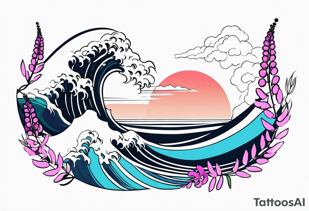 ocean wave with lupin flower and fireweed tattoo idea