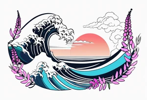 ocean wave with lupin flower and fireweed tattoo idea