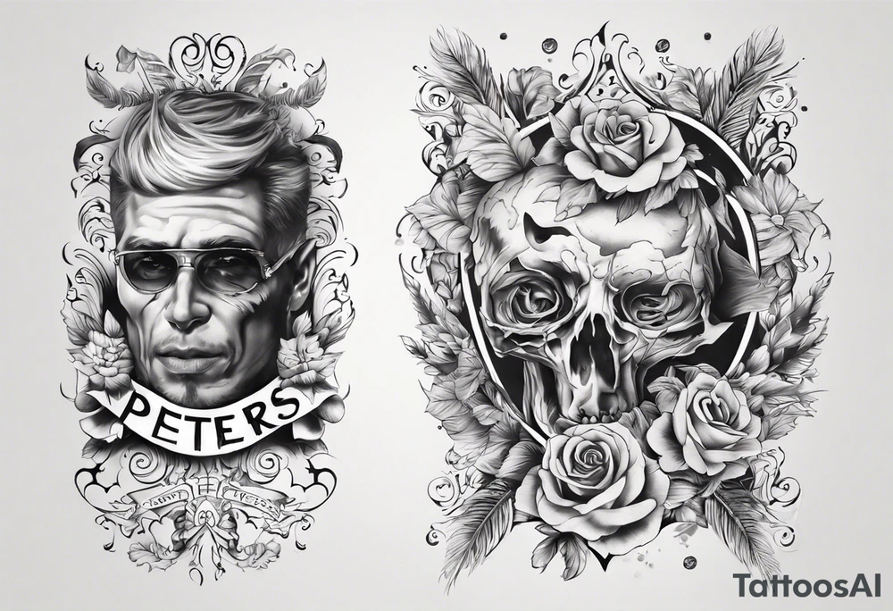 men’s arm sleeve, the name Peters, September birthday tattoo idea