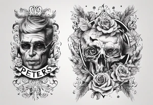men’s arm sleeve, the name Peters, September birthday tattoo idea