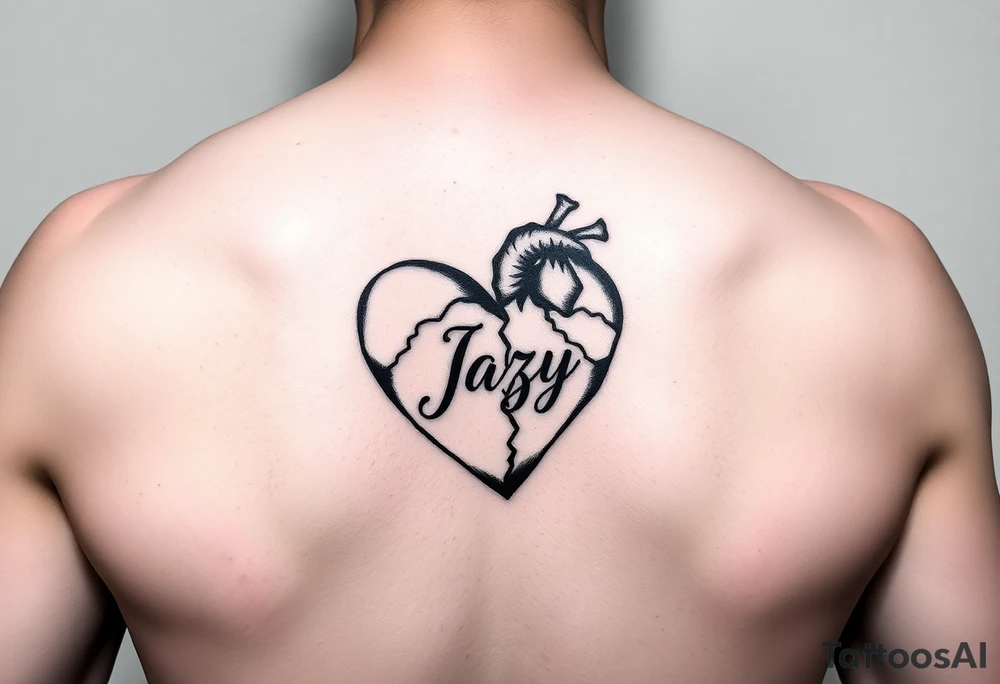 upper arm tattoo -broken heart of a deceased best friend with the name Jazy incorporated tattoo idea