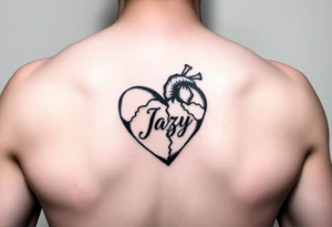 upper arm tattoo -broken heart of a deceased best friend with the name Jazy incorporated tattoo idea