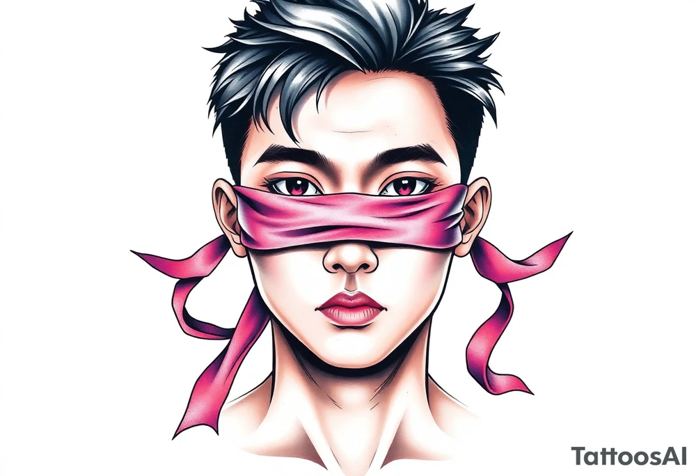 Handsome Asian young guy with 
 eyes covered with a ribbon tattoo idea