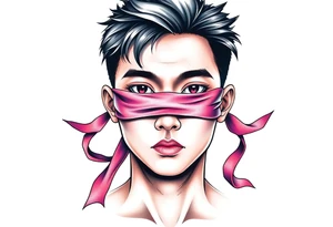 Handsome Asian young guy with 
 eyes covered with a ribbon tattoo idea