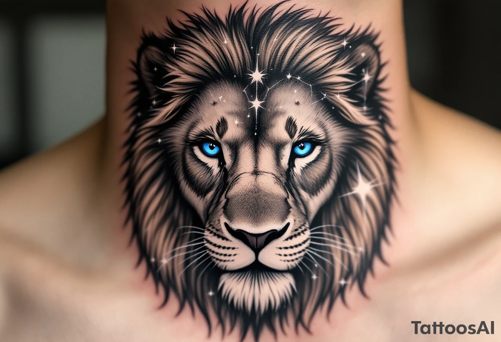 A blue-eyed lion in grayscale has the vivid Leo star constellation etched into its mane using white ink. tattoo idea