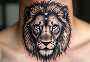 A blue-eyed lion in grayscale has the vivid Leo star constellation etched into its mane using white ink. tattoo idea